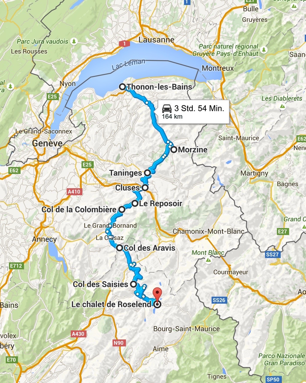 Der erste Abschnitt auf der Route des Grandes Alpes führt von Thonon-les-Bains bis nach Le Reposoir. Screenshot © Google