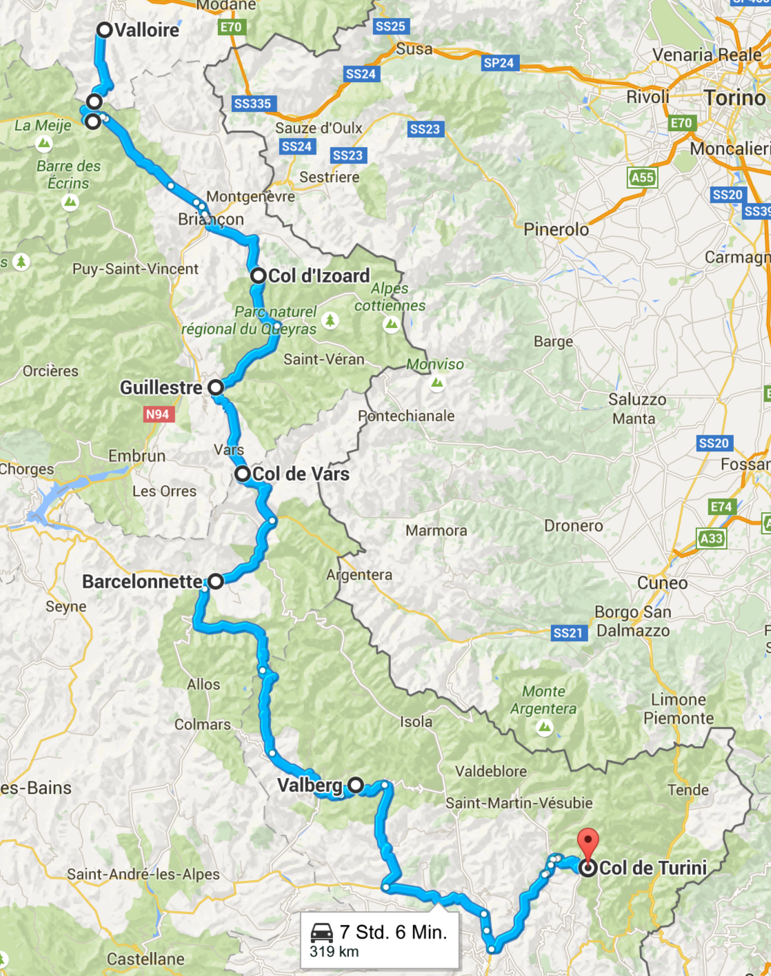 An Tag 5 fahren wir von Valloire über den Col d´Izoard und den Col de Vars durch das Örtchen Barcelonette und von dort auf den Col de Turini. Screenshot © Google