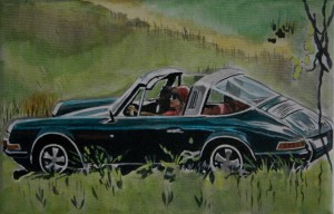 Für diesen Ausflug ins Grüne mit einem Porsche Targa ließ sich Vidal von dem Deckblatt der Christophorus-Ausgabe von Juni 1973 inspirieren.